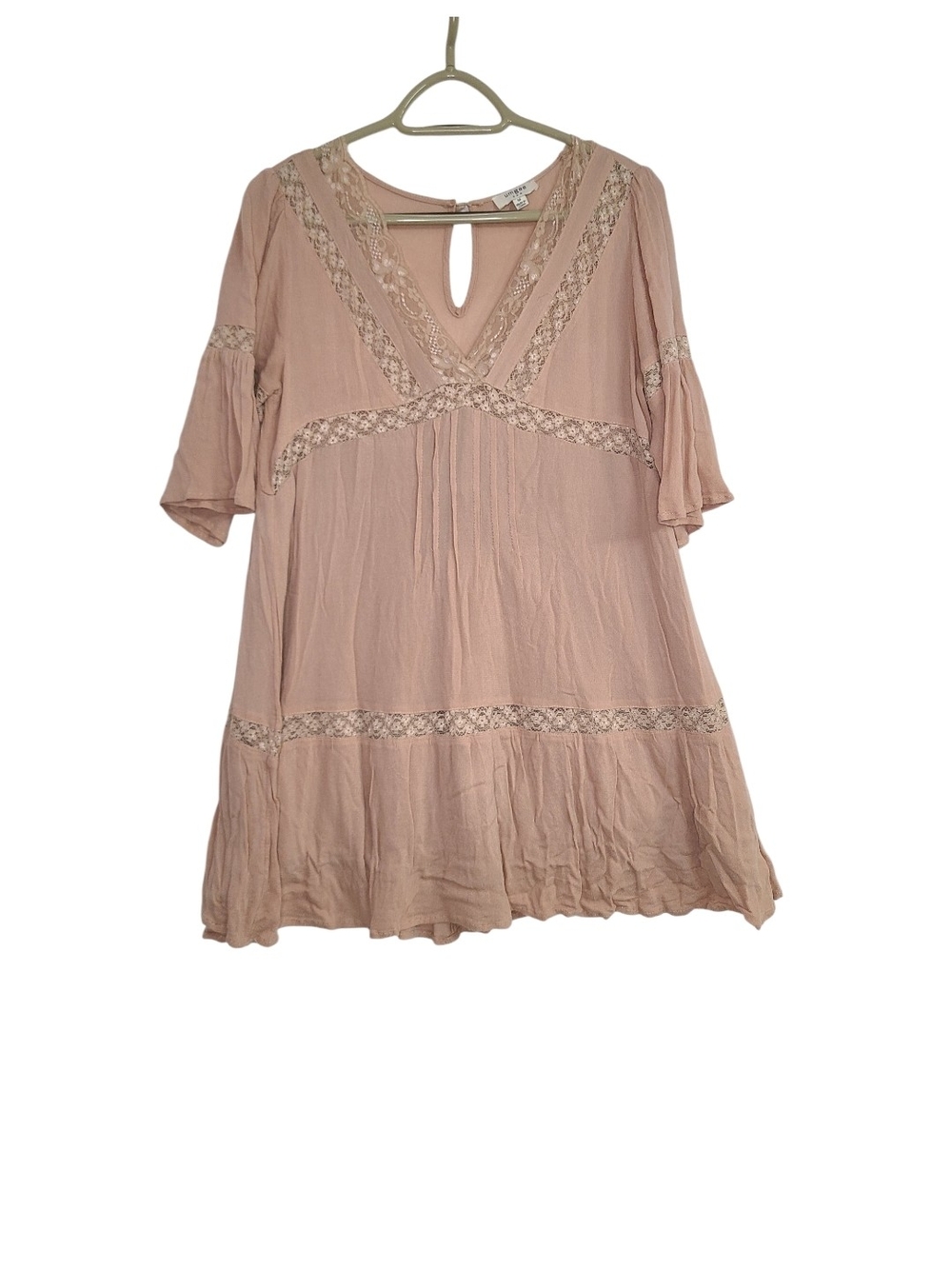 Umgee Pink Lace Trim Tunic Top Size Medium Boho Peasant Bell Sleeve